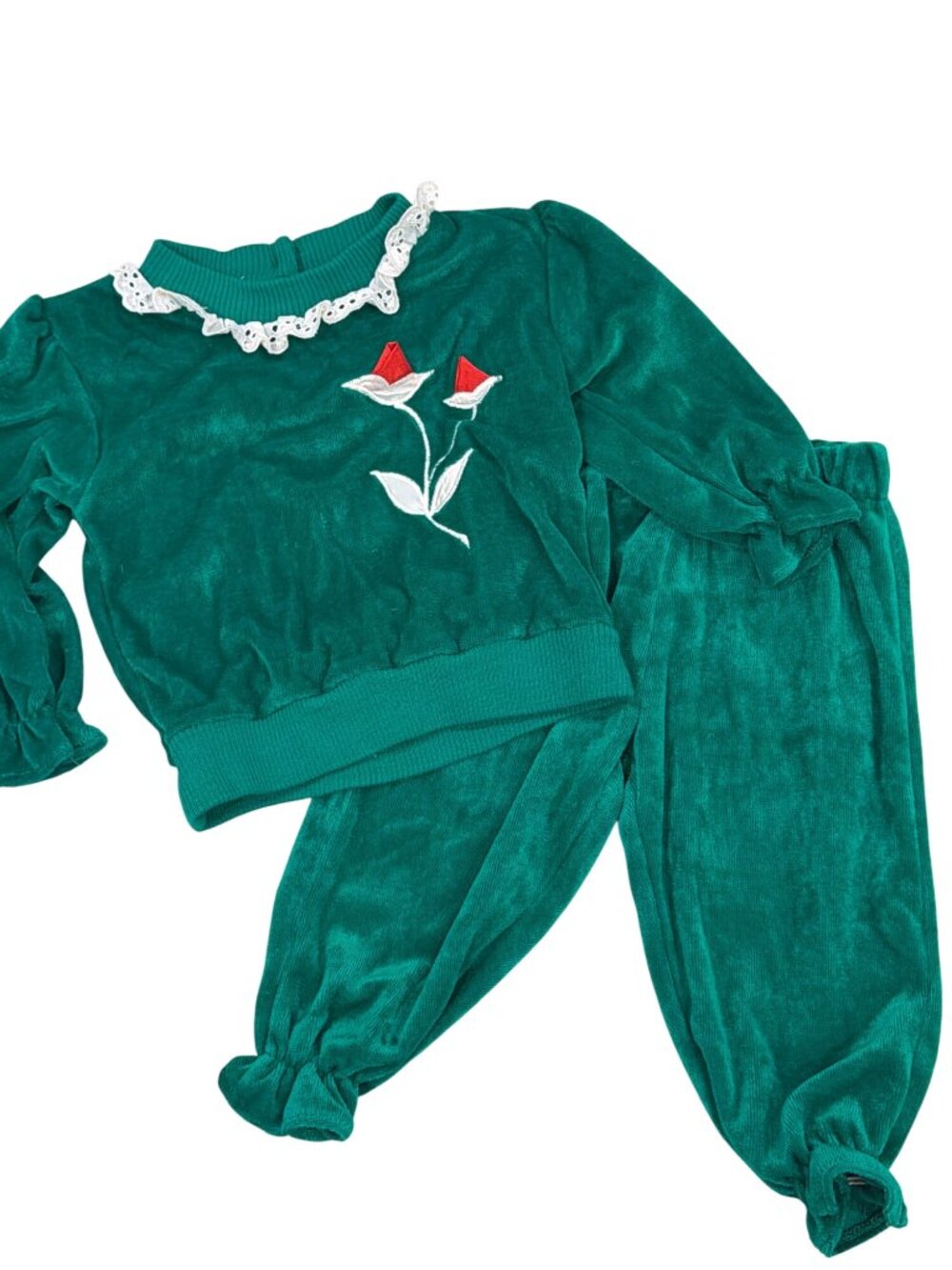 Vintage Sears Infant Green Velour Two-Piece Outfit With Floral Embroidery Lace C